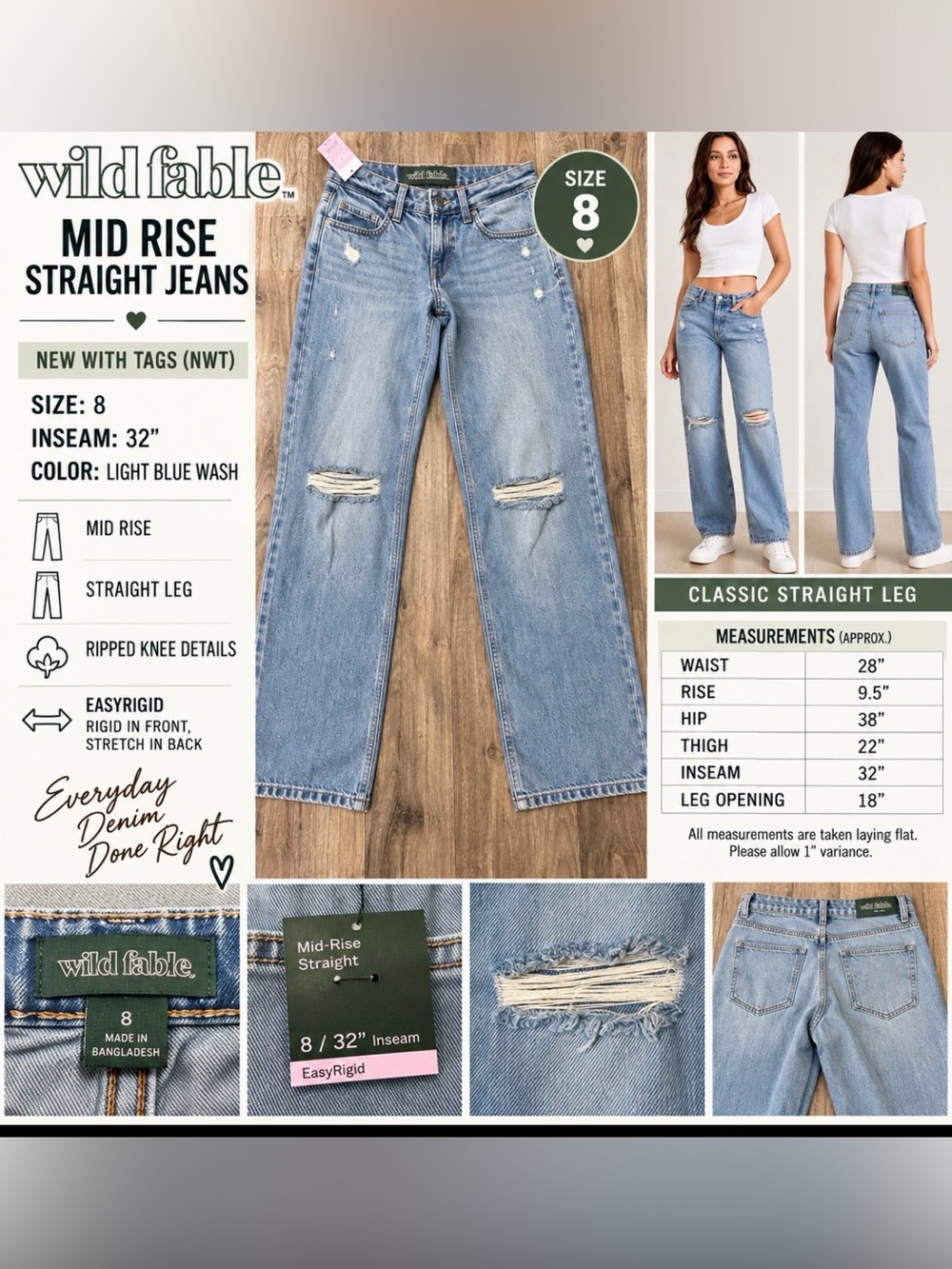Wild Fable Mid-Rise Straight Leg Distressed Jeans Size 8 NWT Light Wash